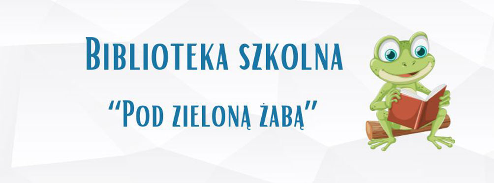 Białe tło, niebieski napis: Biblioteka szkolna 'Pod Zieloną Żabą', grafika: zieolna żaba z książką.