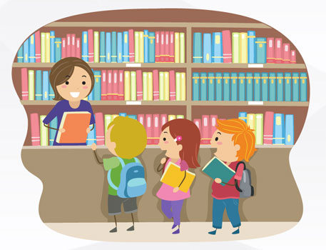 Grafika: regały z książkami, bibliotekarka, 3 dzieci.
