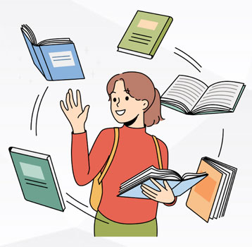 Grafika: kobieta, dookoła książki.